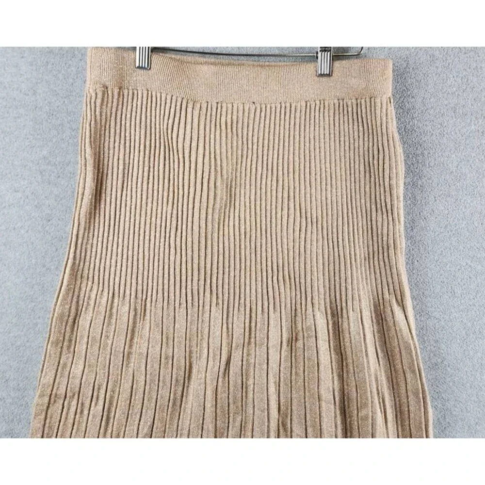 T Tahari Metallic Pleated Pull-On Midi Skirt Women's M Gold Ribbed Elastic Waist